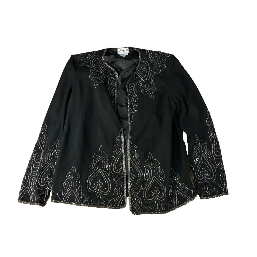 VTG JMD NY Beaded Blazer Jacket Black Silver Paisley Open Front Med Grunge Glam